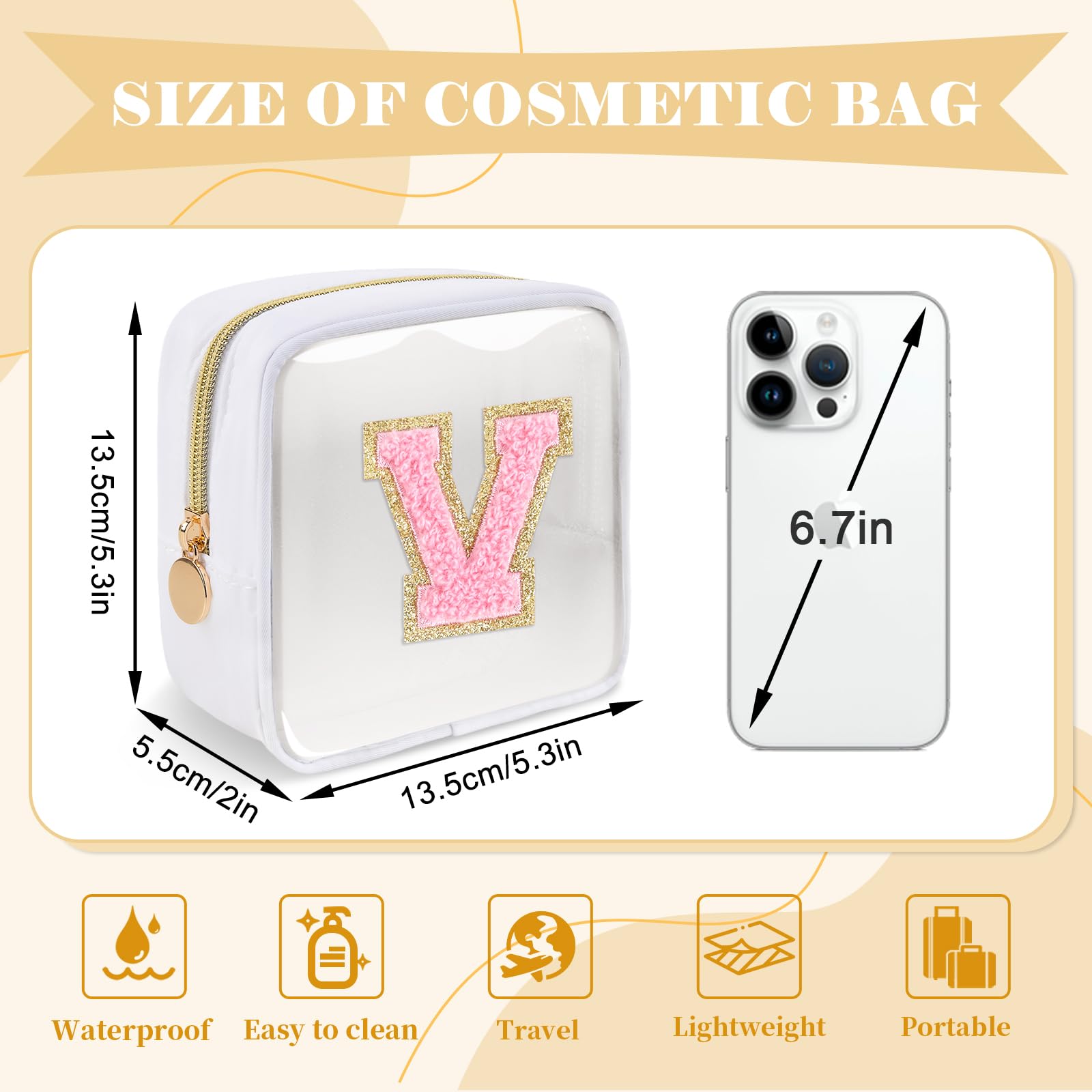 Personalized Initial Letter Clear Preppy Makeup Bag,Mini Nylon Chenille Letter Cosmetic Bag Cute Zipper Pouch Purse for Teen Girls,Portable TSA Approved Beach Travel Essentials Bag Gift for Women,V