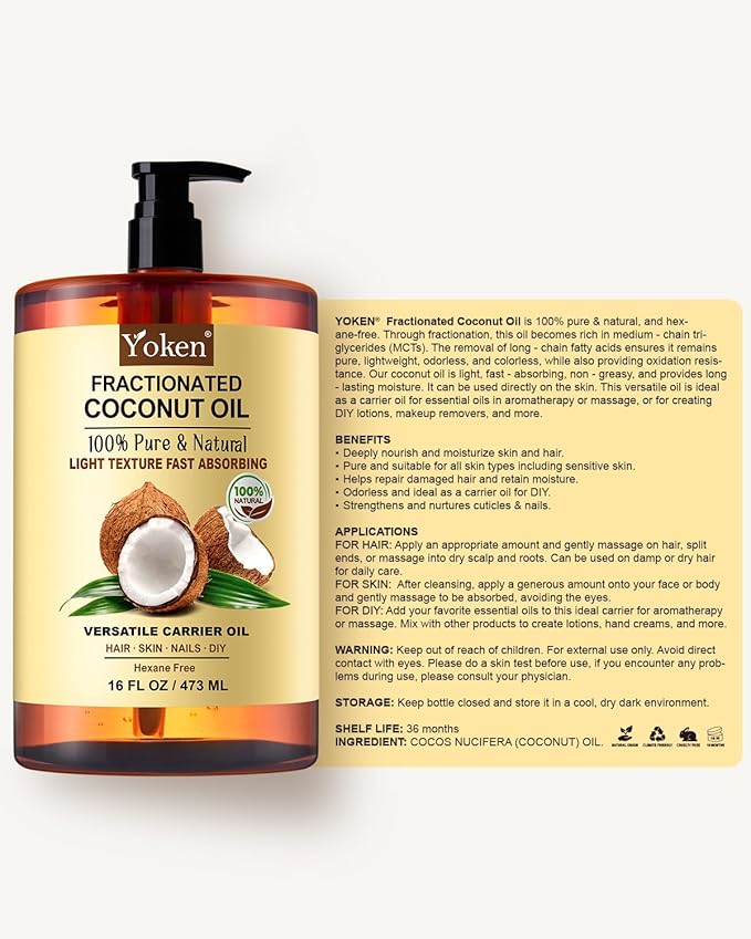 Yoken Fractionated Coconut Oil 16oz, USDA Organic Carrier Oil for Skin