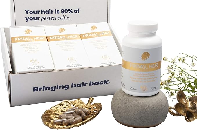 Primal Hair 3 PK- 100% Natural Growth Treatment, Reduces Hair Loss, US Patented Formula Proven Effective for Men & Women, 100% Vegan, Non-GMO, 90-Day Supply, 3 Pack