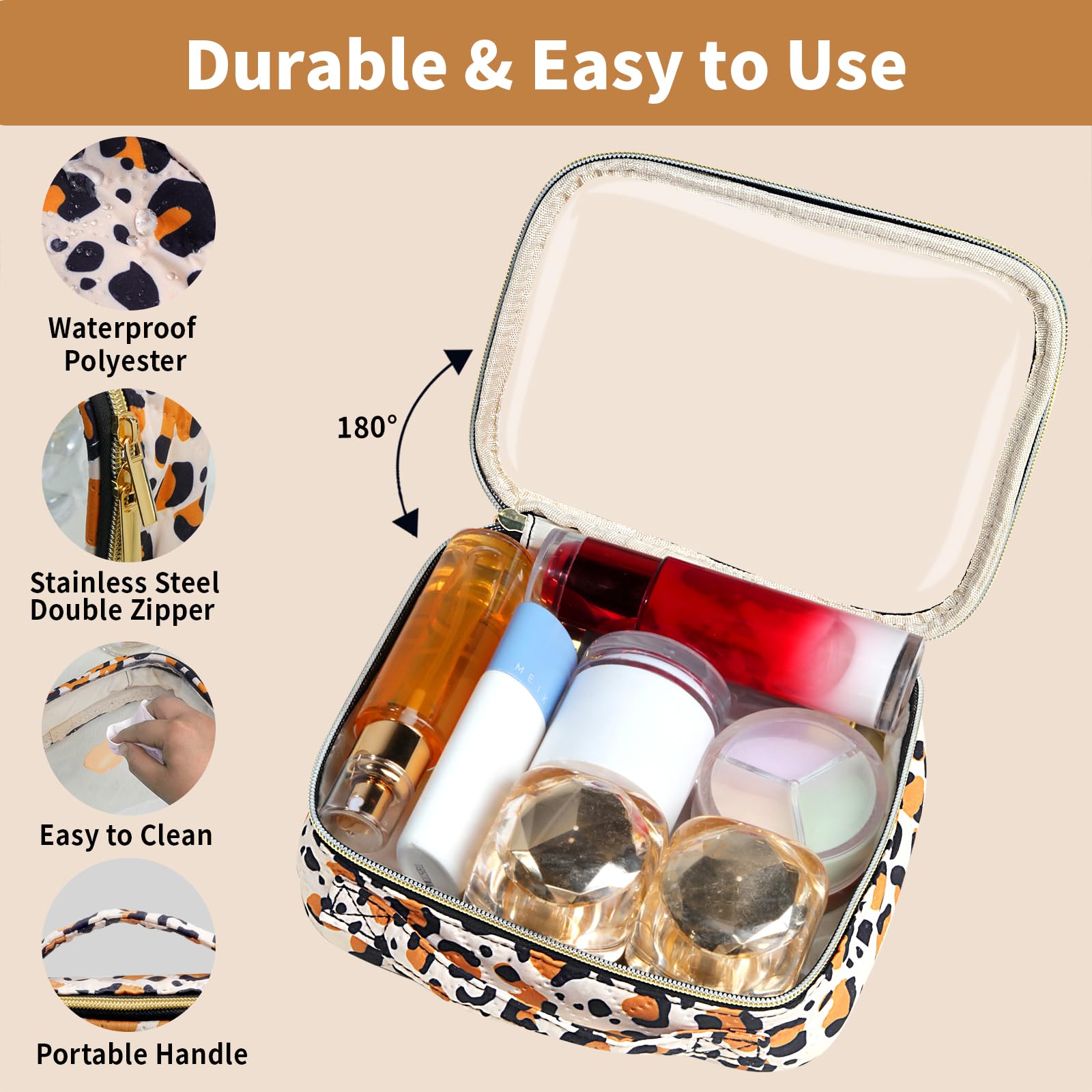 FAYORORY TSA Approved Travel Toiletry Bag,3 Pack Clear Makeup Bags with Handles,Quart Size Clear Cosmetic Bags for Traveling Women,Men,Carry on Airport Airline Compliant Bag,Leopard