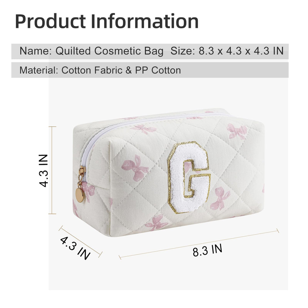 Gleyemor Personalized Initial Makeup Bag for Women, Cute Quilted Pink Floral Cotton Cosmetic Bag, Christmas Gifts for Her Mom Friend Sister Bridesmaid Teacher Women G