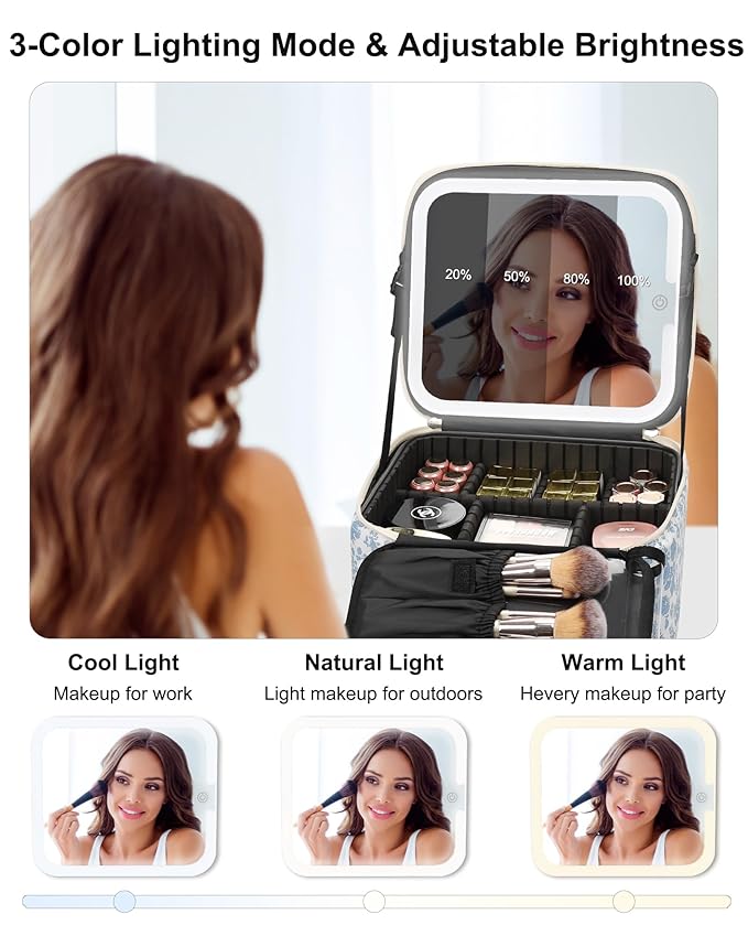 Relavel Travel Makeup Bag with LED Mirror, Floral Train Case with Dividers