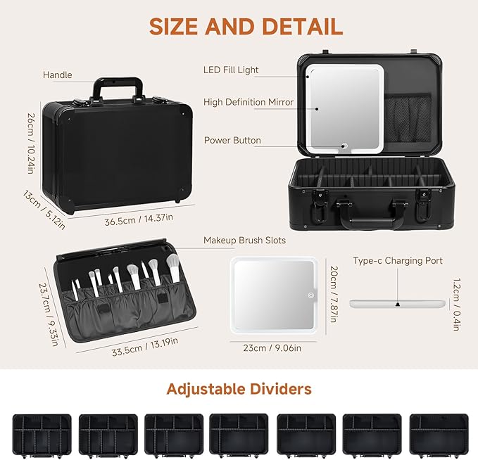 LivelyCove 15"x11" Makeup Case with Lighted Mirror & Brush Holder - Waterproof Travel Organizer, Customizable Storage, Rechargeable LED Vanity for Women (black)
