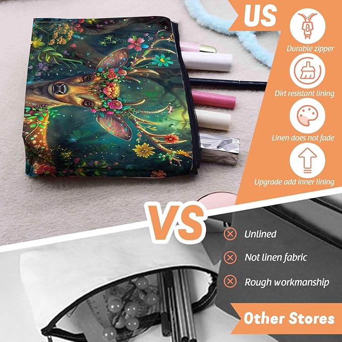 Scribesense Cosmetic Bags Travel Makeup Toilet Case Waterproof Pouch for Women Girls 6.7X9.45inches - Deer'S Graceful Look With Blooming Antlers