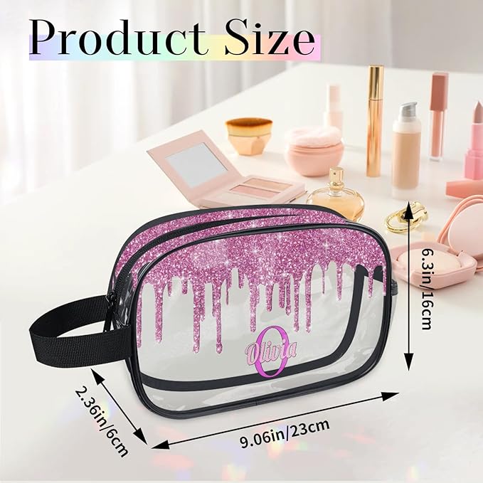 KFNHN Personalized Transparent Travel Cosmetic Bag Waterproof Makeup Bags, Custom Name Clear Organizer Case Toiletries Container Bag, Orchid Pink Water Fluid Shape Shiny Glitters