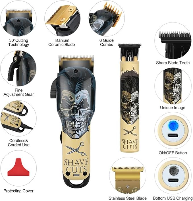 Professional Hair Clippers for Men, Professional Barber Clippers and Trimmer Set, Cordless Skull Hair Clipper Grooming Kit Gift for Men Women Kids -dark golden