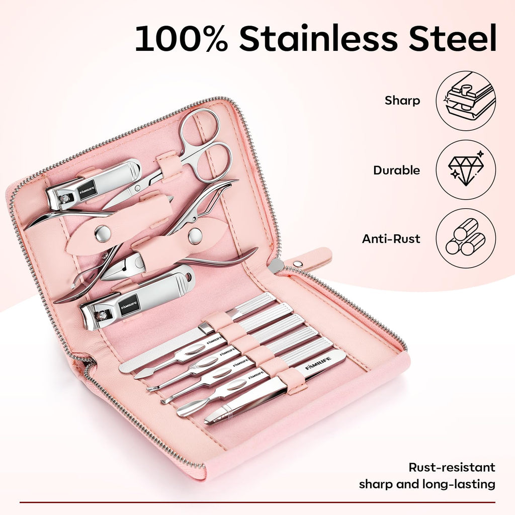 FAMILIFE Manicure Set Professional Manicure Kit Nail Kit - 11PCS Gifts for Her Nail Clippers for Women Stainless Steel Pedicure Sets Pink Leather Case