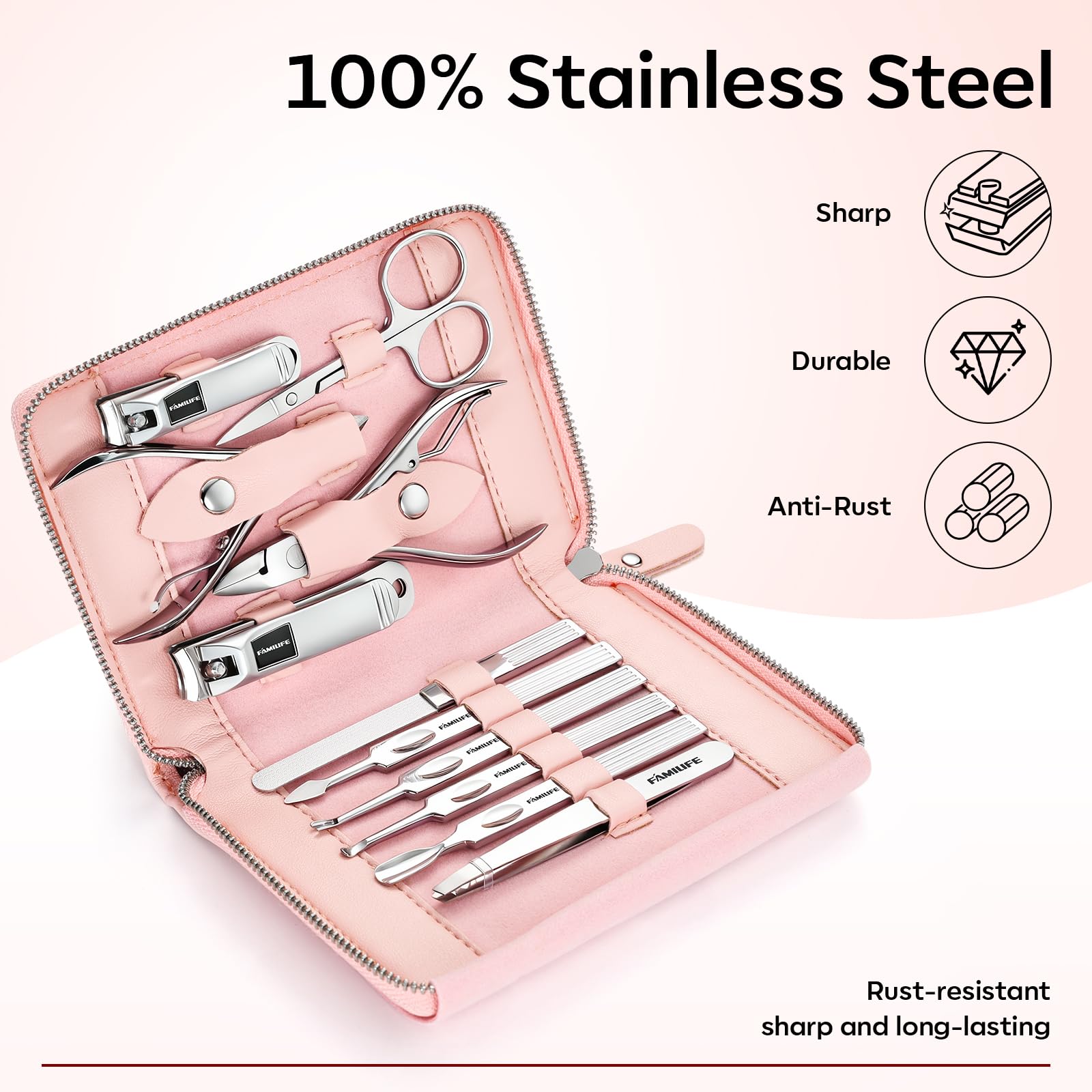 FAMILIFE Manicure Set Professional Manicure Kit Nail Kit - 11PCS Gifts for Her Nail Clippers for Women Stainless Steel Pedicure Sets Pink Leather Case