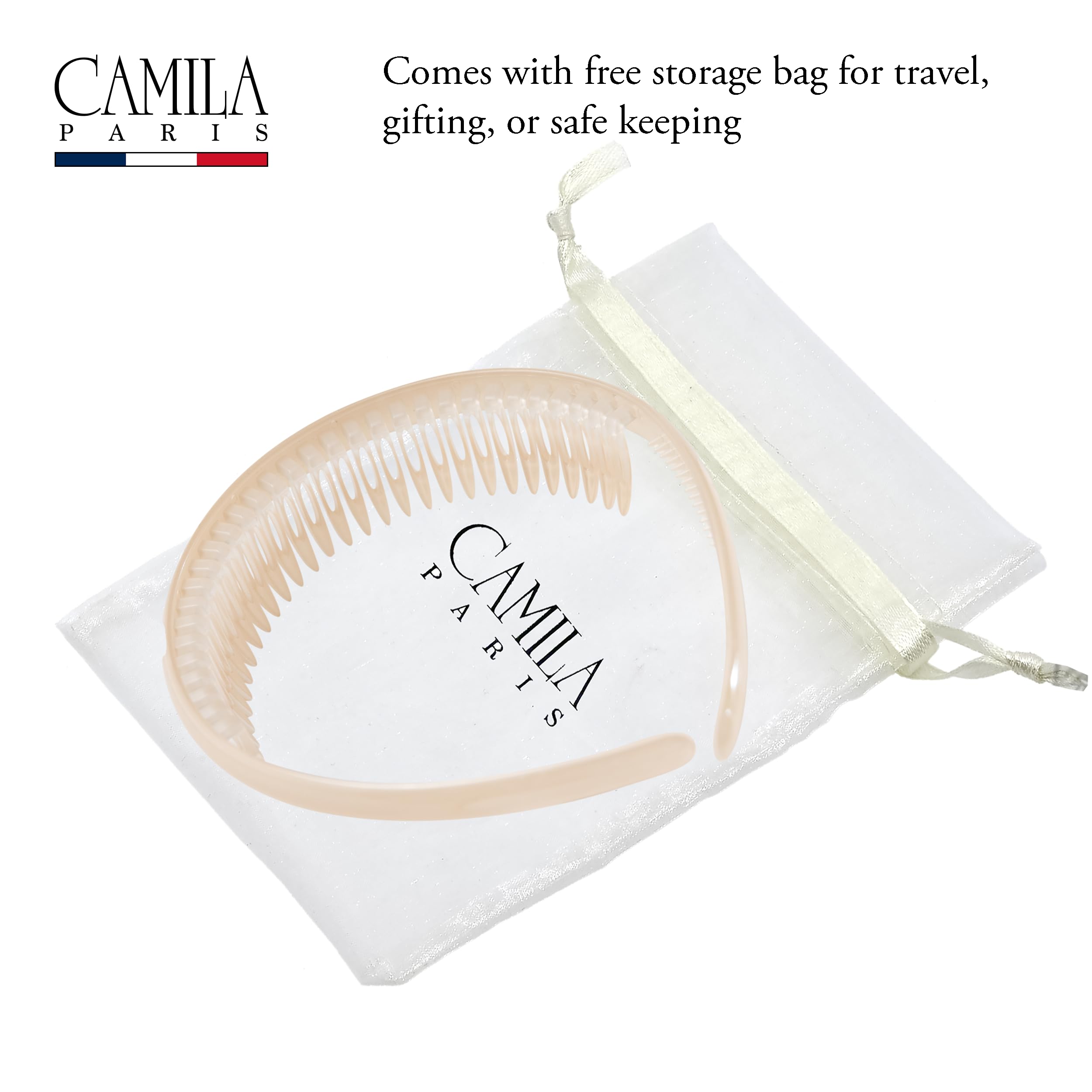 Camila Paris CP3646 French Headband for Women, Beige, Strong Hold Grip Women's Hair Band, Very Flexible, No Slip and Durable Styling Girls Hair Accessories, Made in France