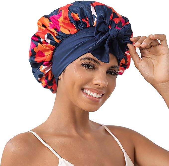 GDTOGRT Satin Silk Bonnet for Sleeping Women, Double Layer Sleep Hair Bonnets Caps for Curly Natural Hair with Tie Band - Blue-Mix