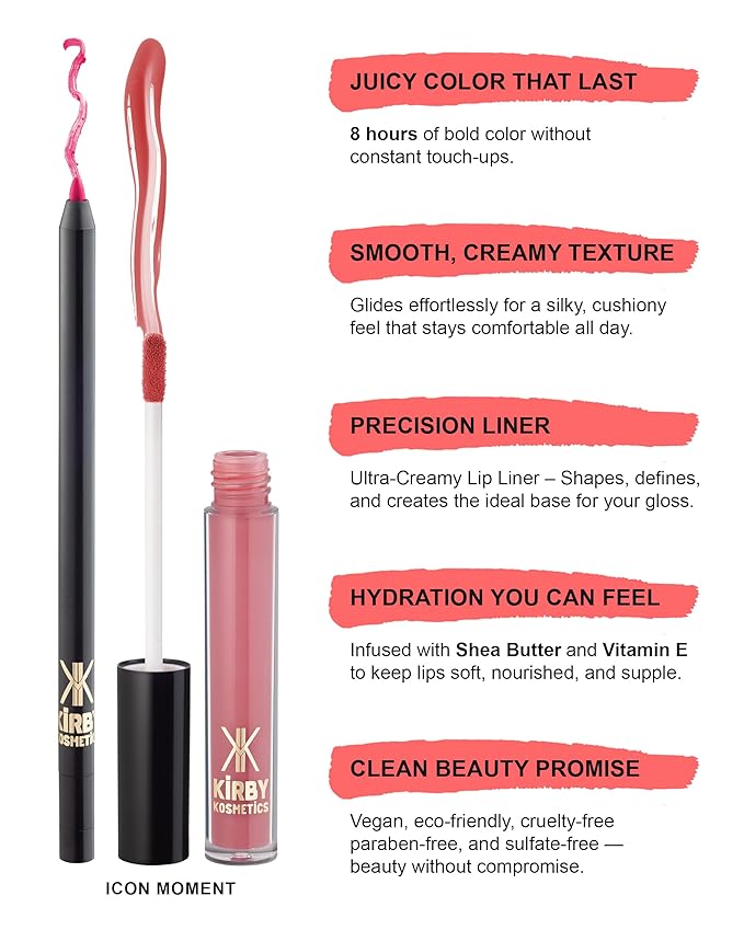 Kirby Kosmetics Lip Kit Duo – Icon Moment- TikTok-Viral Precision Liner & Glossy Liquid Lipstick, Clean 2-Step Set with Hydrating Long-Wear Color – Bold Inclusive Beauty for Everyday Konfidence