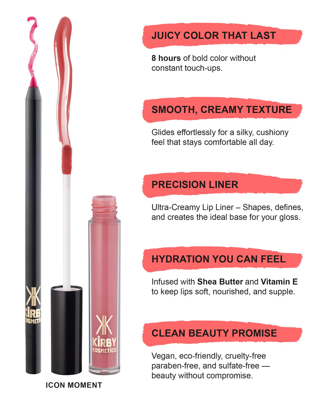 Kirby Kosmetics Lip Kit Duo – Icon Moment- TikTok-Viral Precision Liner & Glossy Liquid Lipstick, Clean 2-Step Set with Hydrating Long-Wear Color – Bold Inclusive Beauty for Everyday Konfidence