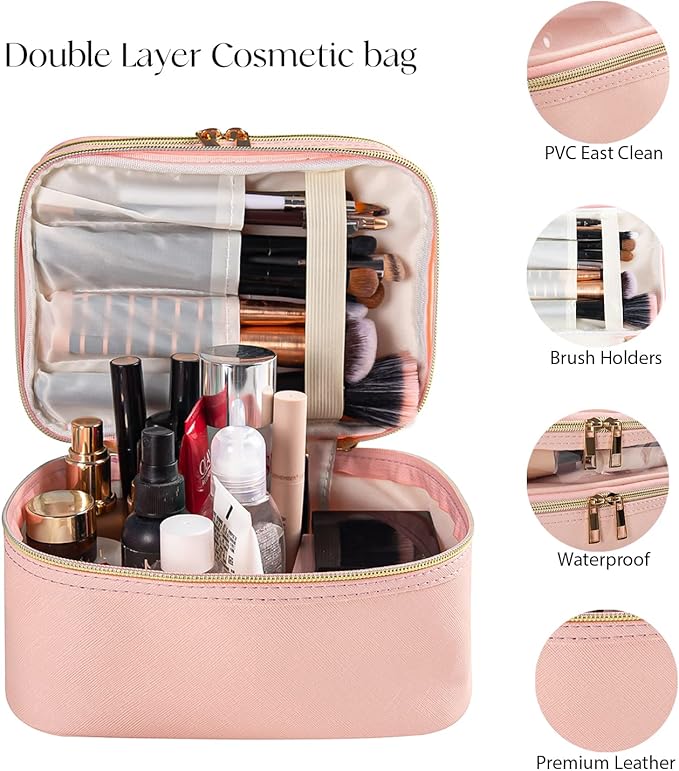 imerelez Pink Makeup Bag, Leather Double Layer Makeup Bag,Travel Accessories Toiletry Bag for Women,Travel Essentials Cosmetic Bag