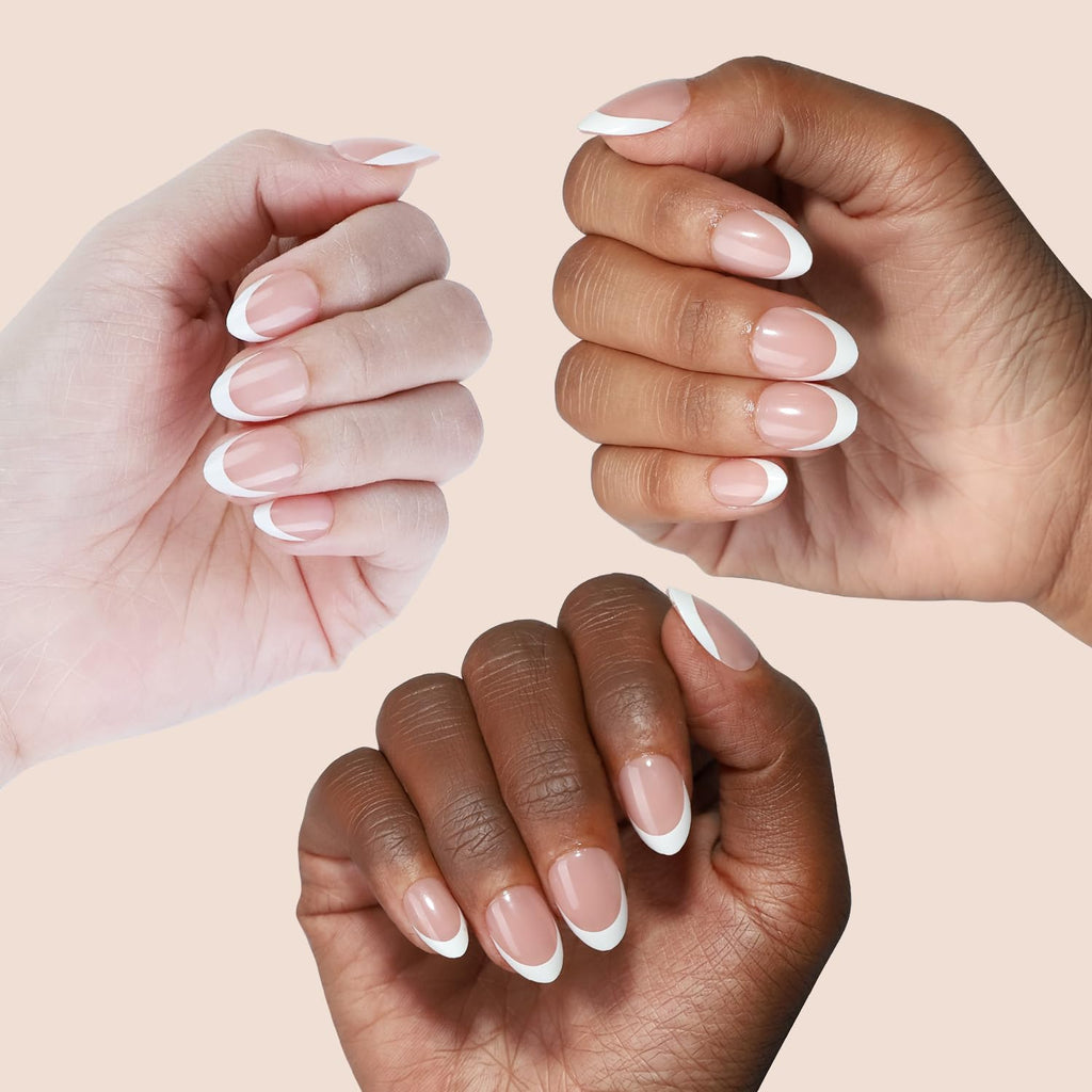 LY LANYOS 16 size white french tip almond press on nails for women,32 pcs super short petite oval nails with glue and stick ，nude french
