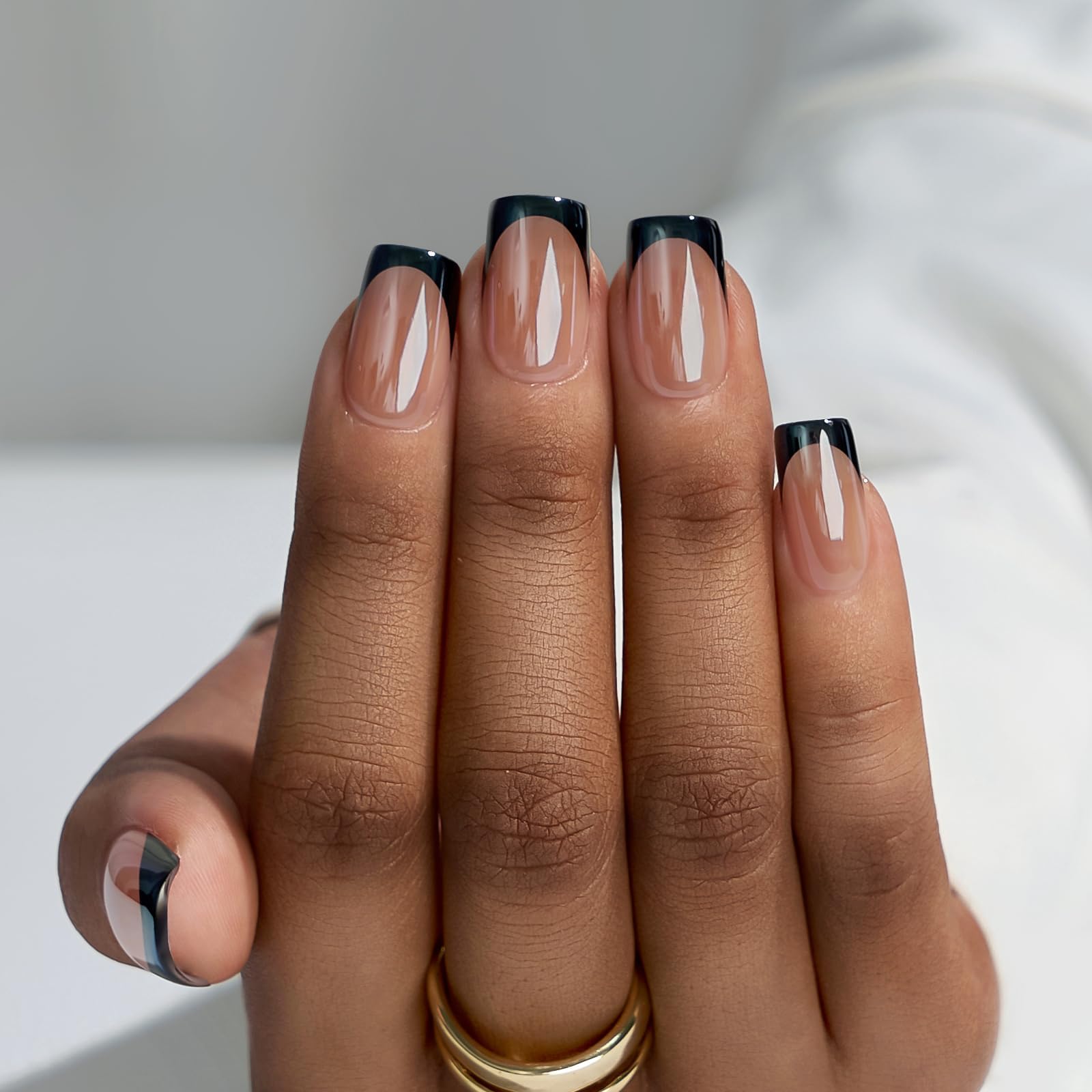 BTArtbox Press On Nails, Braveheart, Short Square, Black French Tip, 30Ct