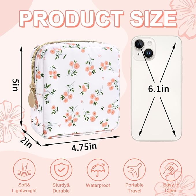UIXIZQ Waterproof Mini Floral Makeup Bag Pouch for Purse,Nylon Flower Cosmetic Travel Bag Small Preppy Toiletry Organizers Bag for Women Girl,Cute Zipper Pouch Coin Purse for Work(Mini White-Flowers)