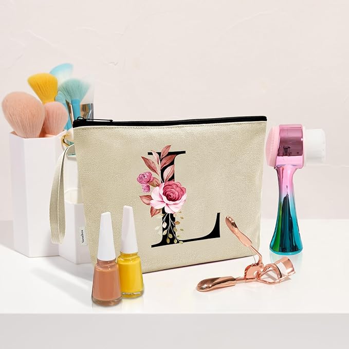 Vavabox A-Z Personalized Makeup Bag, Birthday Gifts for Women Mom, Gifts for Best Friend, Bride Bridesmaid Cosmetic bag (L, Cream Yellow)