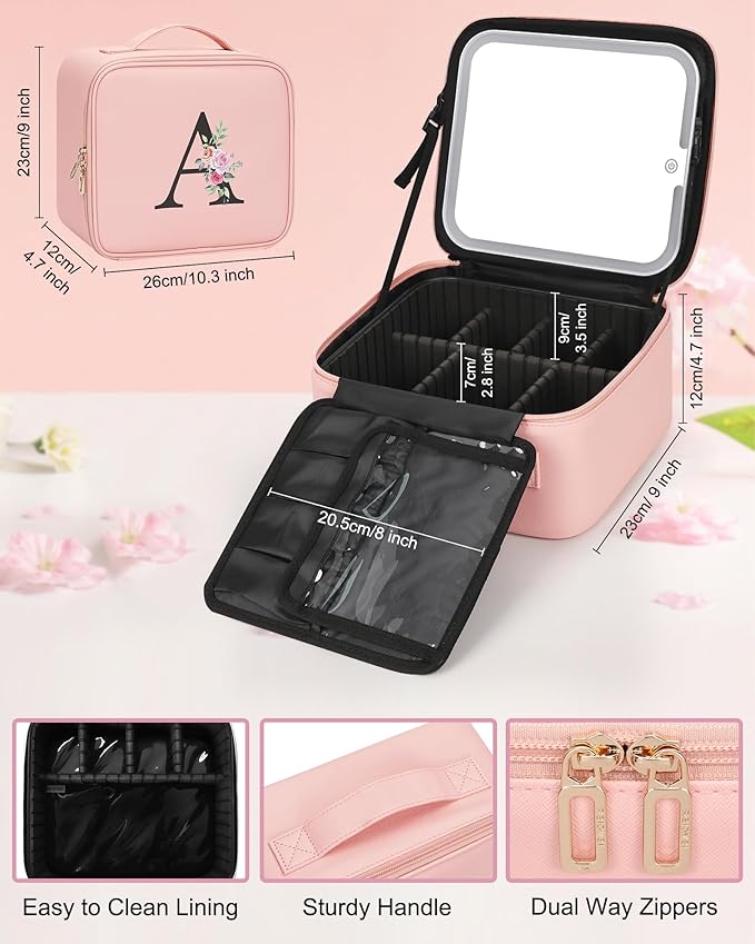 Relavel Initial Makeup Bag with LED Mirror for Women Girls, Personalized Travel Cosmetic Organizer Train Case, Birthday Gifts for Grandkids Bridesmaid Graduation Teacher Friends, Trendy Stuff, Pink G