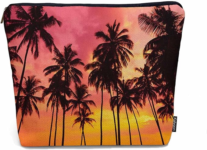 Kalygon Tropical Beach Makeup Bags Makeup Organizer, Hawaii Ocean Beach Palm Trees Sunset Flax Toiletry Bags Travel Cosmetic Bag Makeup Purse Pouch Skincare Bag Wallet Bags For Women Female Mom
