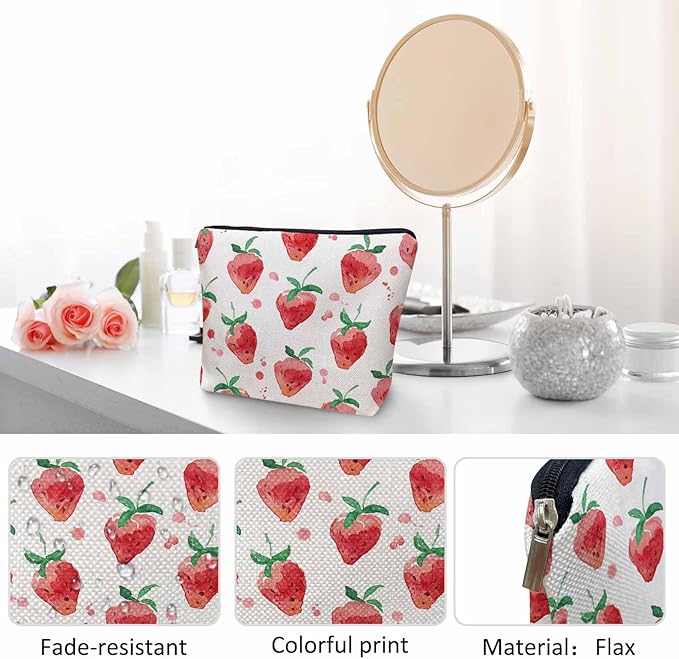 Kalygon Strawberry Cosmetic Travel Bag For Toiletries, Summer Fruits Strawberry Red Makeup Bag Toiletry Bags For Women, Flax Cosmetic Bags Make Up Bag Purse Toiletries Bag Birthday Gift