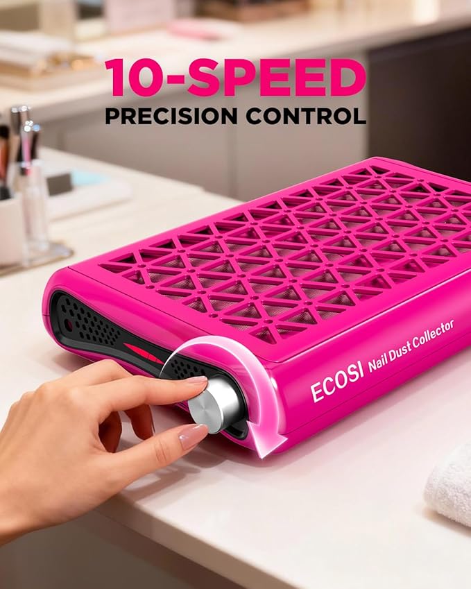 ECOSI Nail Dust Collector, 8000RPM & 1600PA Dual Turbo Professional Vacuum Fan Dust Extractor with 30 Pcs Filter Papers, Stepless Adjustable Suction for Manicure, Salon Nail Tech & Home