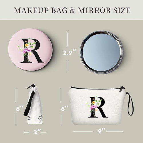 A-Z Womens Gifts for Birthday, Initial Cute Makeup Bag with Mirror, R