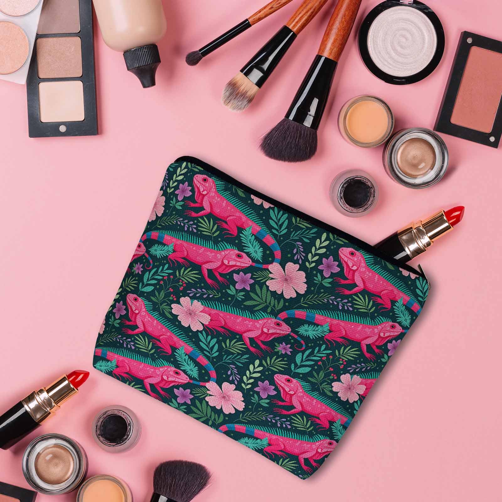 Kalygon Lizard Cosmetic Travel Bag For Toiletries, Tropical Animal Floral Lizard Makeup Bag Toiletry Bags For Women, Flax Cosmetic Bags Make Up Bag Purse Toiletries Bag Birthday Gift
