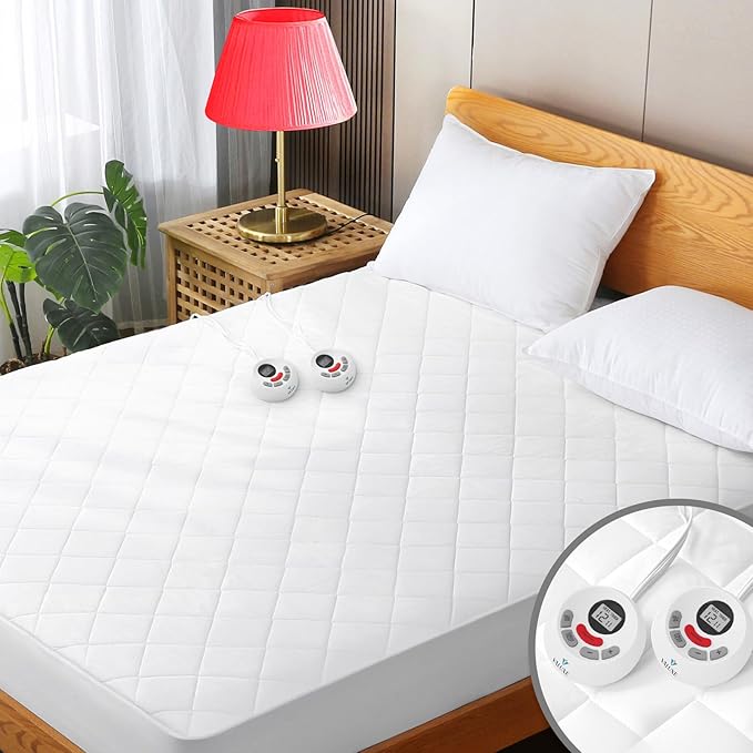 Heated Mattress Pad King Size Quilted Zone Heating Electric Bed Warmer Luxury Comfort Heat Mattress Pad Cover Dual Controller（12 Heat Setting | 1-12 Hours Auto Shut Off | with 8-21 Inch Deep Pocket）