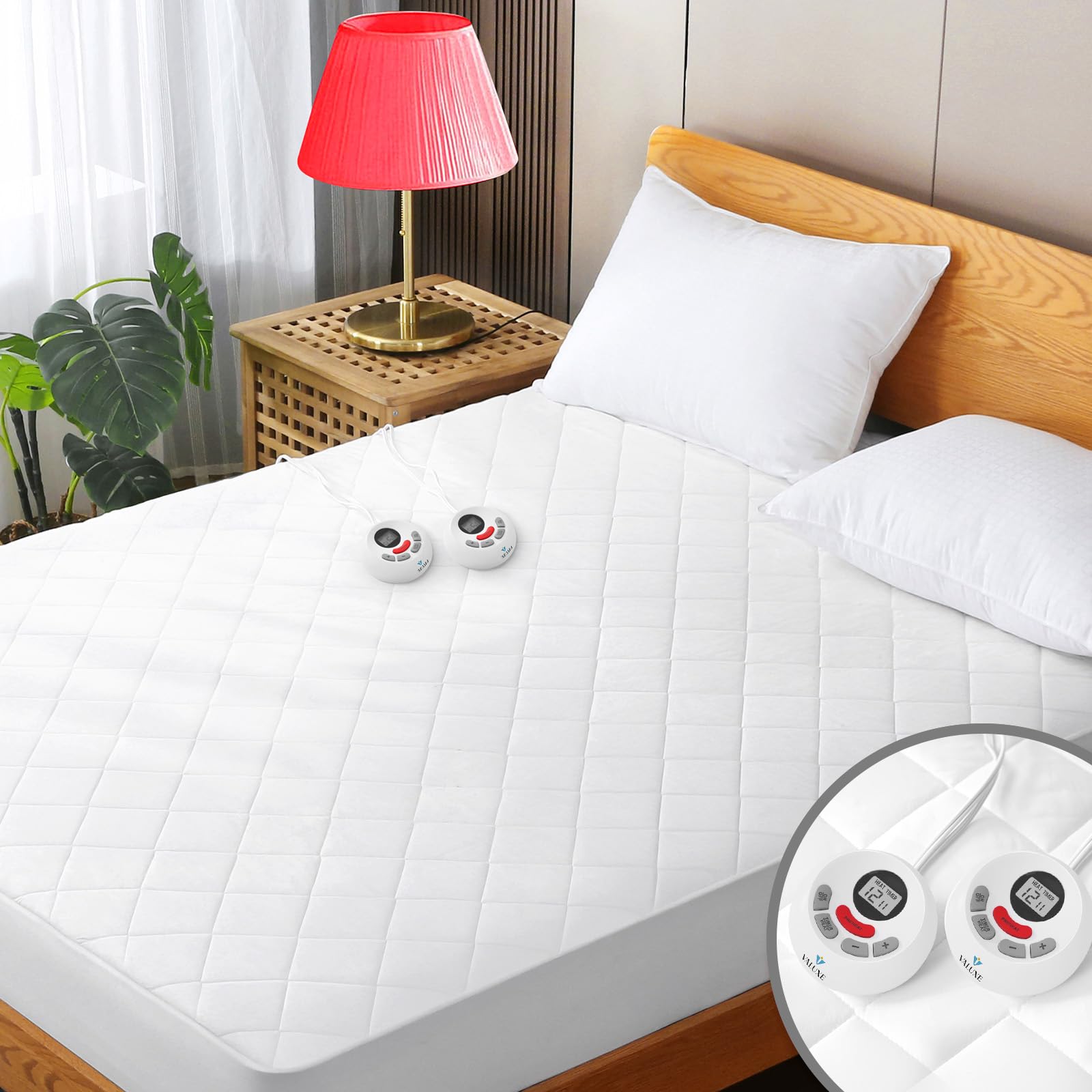 Heated Mattress Pad King Size Quilted Zone Heating Electric Bed Warmer Luxury Comfort Heat Mattress Pad Cover Dual Controller（12 Heat Setting | 1-12 Hours Auto Shut Off | with 8-21 Inch Deep Pocket）
