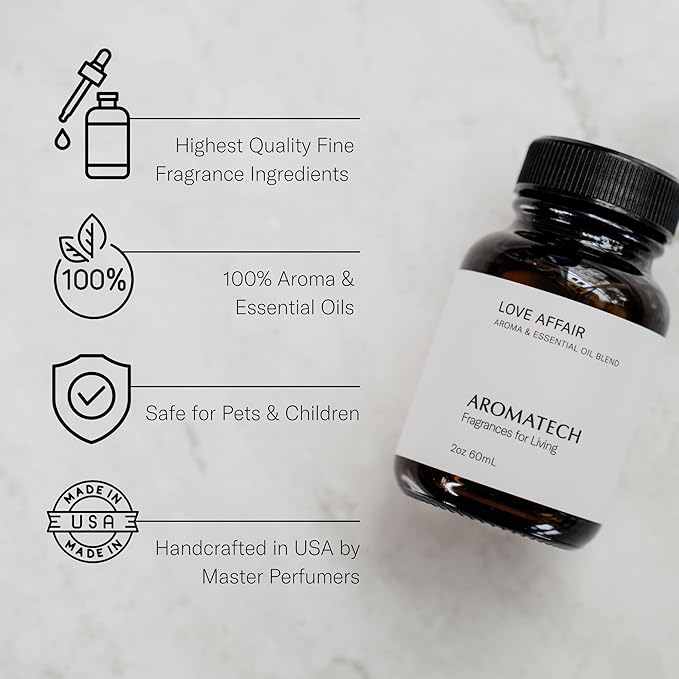 AromaTech Love Affair Aroma Essential Oil Blend: Luxury Hotel Inspired Aromatherapy with Jasmine, Saffron, Cedar & Amber for Ultrasonic Diffusers & Nebulizers (10 mL)