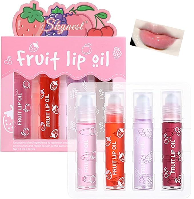 Skynest Girls Roll On Lip Gloss Set with Case, 4 Pcs Glossy Lip Make up for Kids and Teens Fruity Flavors, Kid Friendly, Party Gift, Best Friends (Pink-4, M)