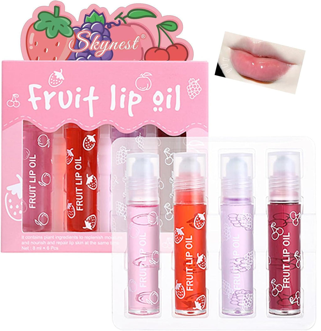 Skynest Girls Roll On Lip Gloss Set with Case, 4 Pcs Glossy Lip Make up for Kids and Teens Fruity Flavors, Kid Friendly, Party Gift, Best Friends (Pink-4, M)