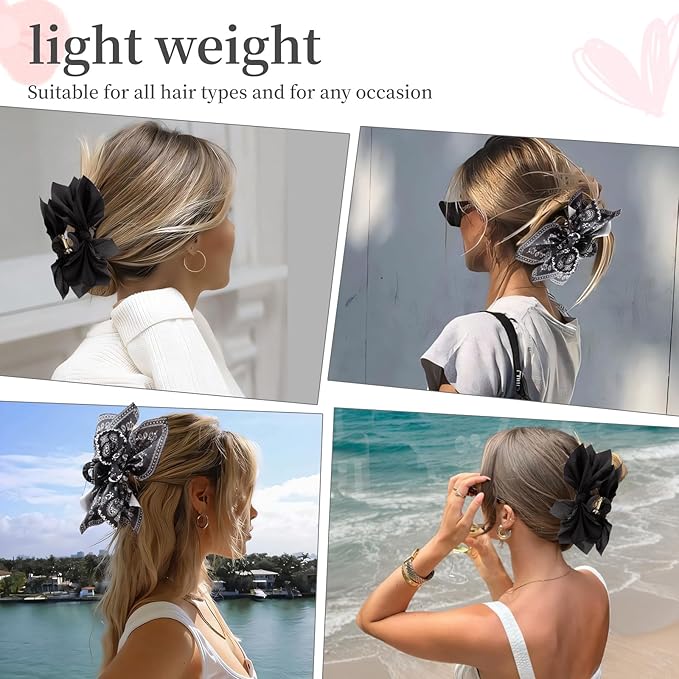 Hadutrek Bow Claw Clips Bow Hair Clips Black 2PCS Big Hair Bows for Women Butterfly Styling Large Hair Clips for Thick Hair for Girls Hair Accessories for Teen