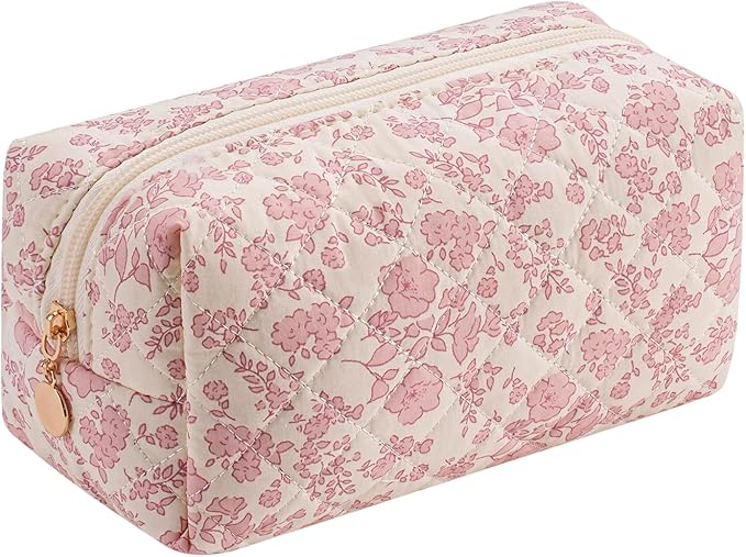 HHQQWZ Cute Square Floral Cotton Makeup Cosmetic Bag for Women Girls, Travel Quilted Zipper Make Up Bag, Square Flowers Organizer Case Kawaii Makeup Cosmetic Travel Cloth Pouch (Pink Floral)