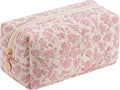 HHQQWZ Cute Square Floral Cotton Makeup Cosmetic Bag for Women Girls, Travel Quilted Zipper Make Up Bag, Square Flowers Organizer Case Kawaii Makeup Cosmetic Travel Cloth Pouch (Pink Floral)