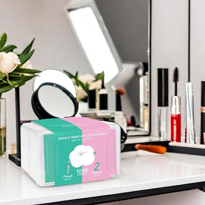 ICOTLE Square Makeup Cotton Pads, 200 Thick and 800 Ultra-Thin Soft, Lint-Free Pads for Makeup Removal, Toner Application and Daily Skincare