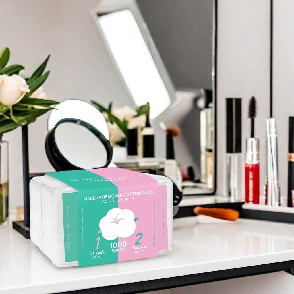 ICOTLE Square Makeup Cotton Pads, 200 Thick and 800 Ultra-Thin Soft, Lint-Free Pads for Makeup Removal, Toner Application and Daily Skincare