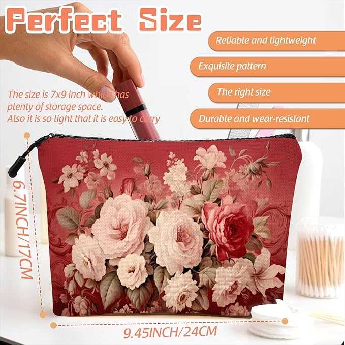 Scribesense Cosmetic Bags Travel Makeup Toilet Case Waterproof Pouch for Women Girls 6.7X9.45inches - Assorted Pale - Colored Flowers on A Red Ornamental Background