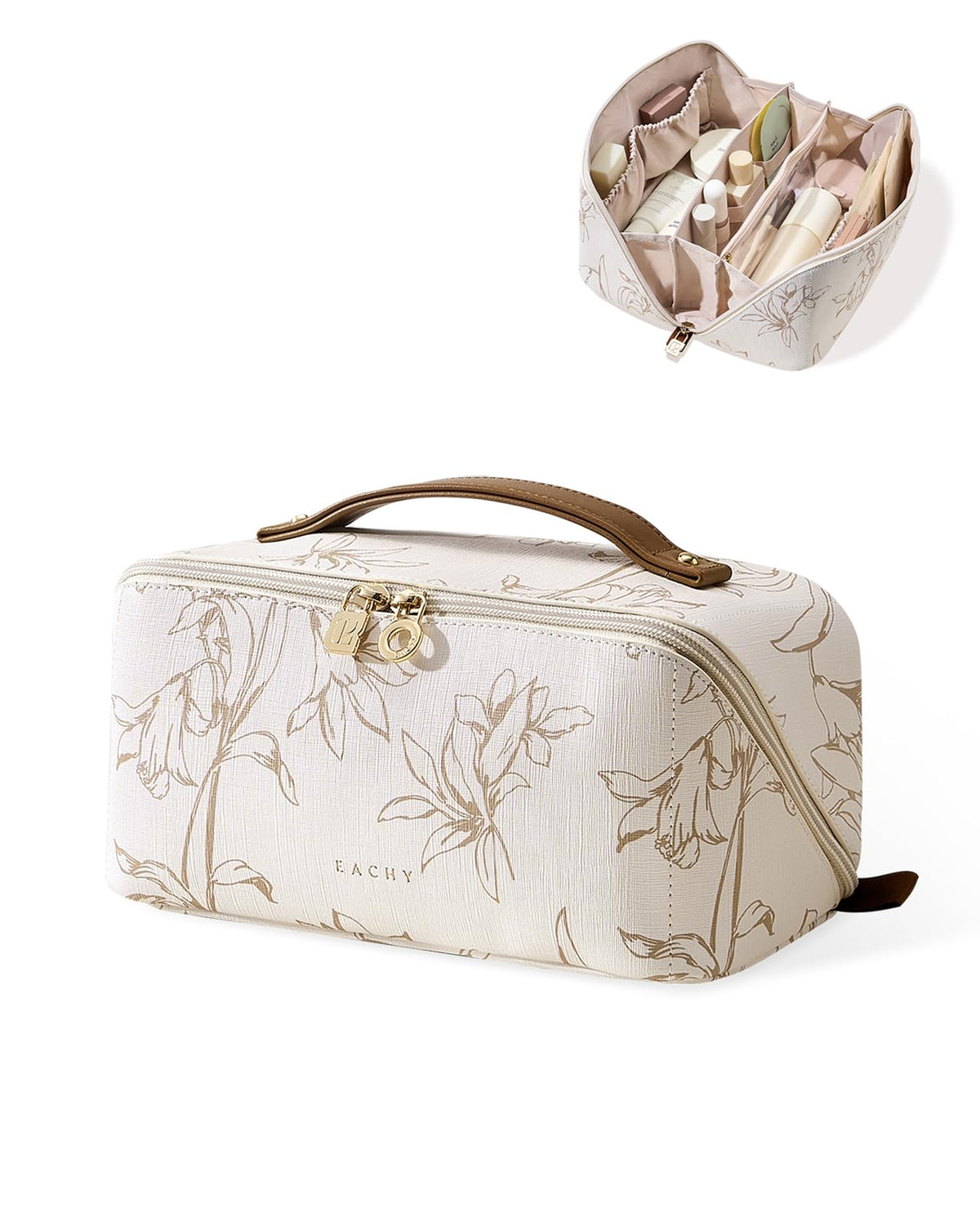 EACHY Travel Makeup Bag, Large Toiletry Bag for Women, Flat-Opening Organizer Pouch with Compartments