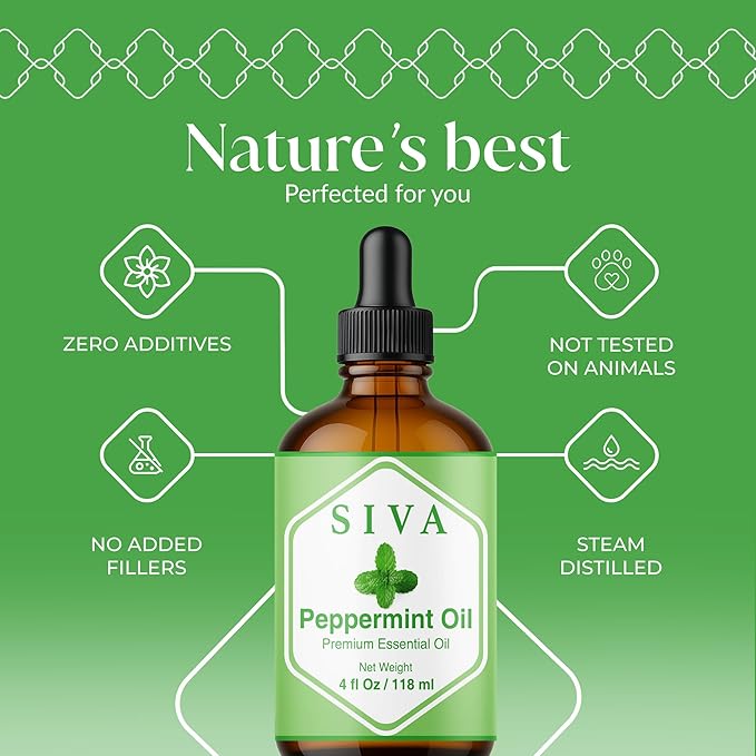 Siva Peppermint Essential Oil 4 Fl Oz – for Diffuser, Skin & Hair Care – Ideal for Aroma, Massage & DIY Blends- with Dropper