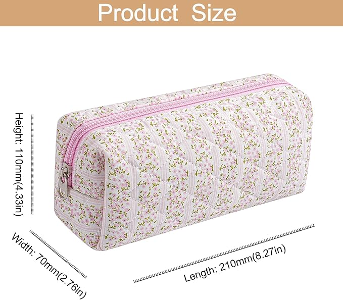 HHQQWZ Cute Floral Cotton Makeup Brush Cosmetic Bag for Women, Travel Quilted Zipper Make Up Bag, Flowers Toiletry Organizer Case Kawaii Makeup Cosmetic Travel Cloth Pouch (Pink+Black)
