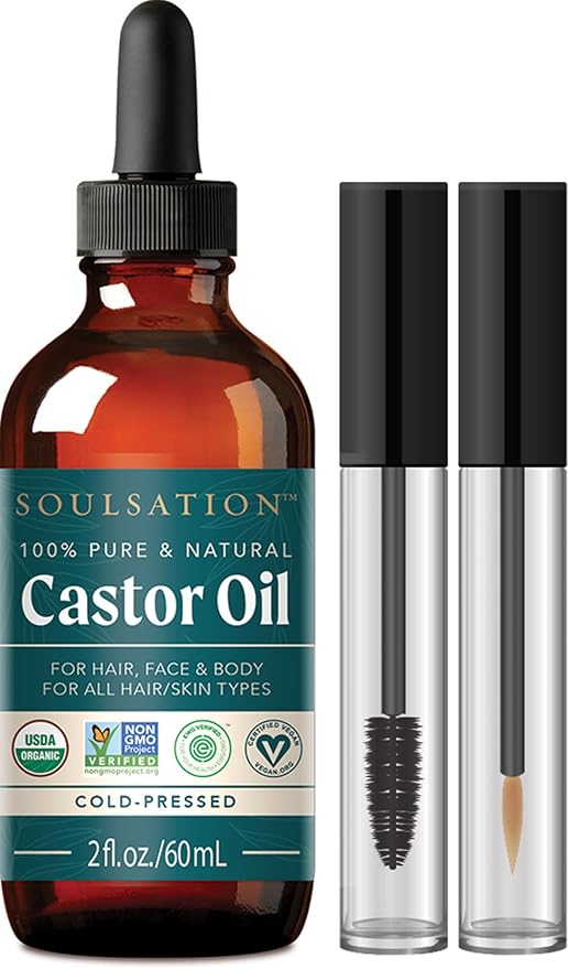 SOULSATION Organic Castor Oil for Eyelashes, Hair & Skin (2oz with Eyelash Kit) | 100% Pure, Natural Cold Pressed