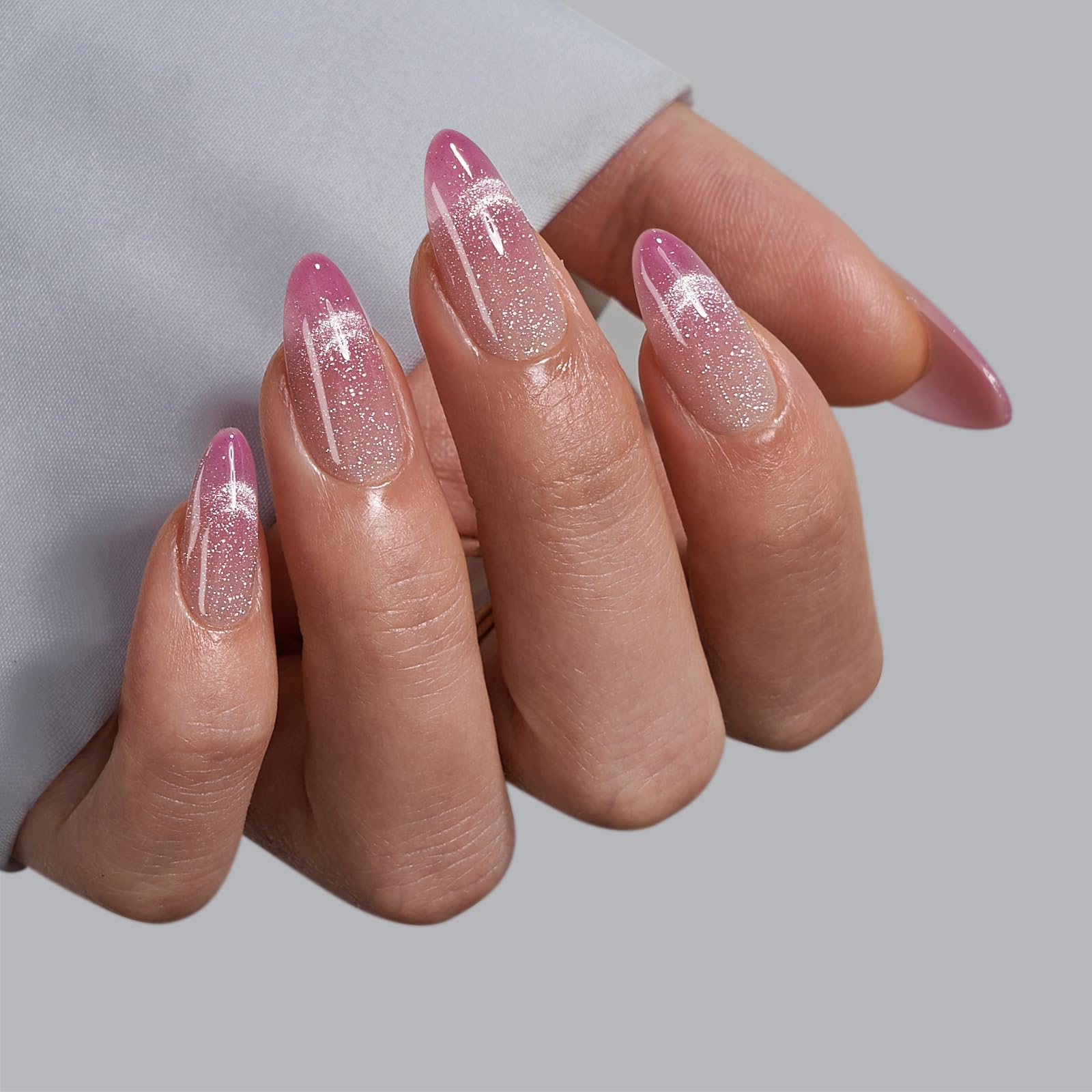 BTArtbox Press On Nails, Rosy Dew, Medium Almond, Pink Cat Eye, 30Ct