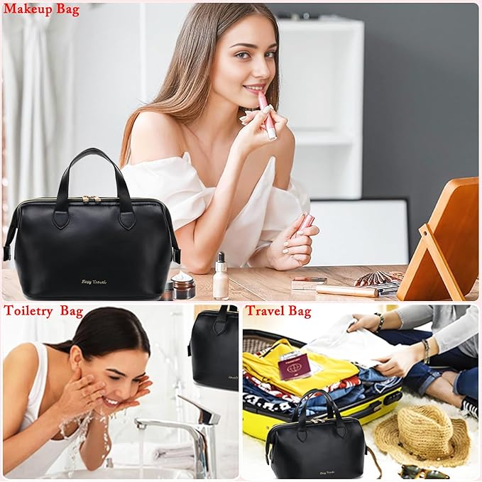 Fammart Travel Makeup Bag, Large Wide-open Cosmetic Bag Make Up Organizer Case for Women, Waterproof PU Leather Toiletry Bag Skincare Pouch for Toiletries Accessories Brushes