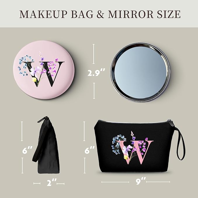 SEAMOON A-Z Personalized Gifts for Women, Small Makeup Bag with Mirror, W