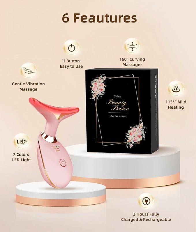 Jobazok 7 Color Face and Neck Massager Light Therapy, Red Light Based Facial Massager for Skin Care, Firming, Smoothing (Rose Golden)