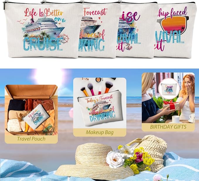 4 PCs Cruise Vacation Cosmetic Bag Girls Trip Gifts Favors, Cruise Gifts