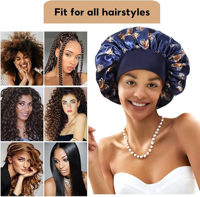 3+3 Large Satin Bonnets with Scrunchies for Women, Wide Band Hair Bonnet for Sleeping Braids Curly Hair, E