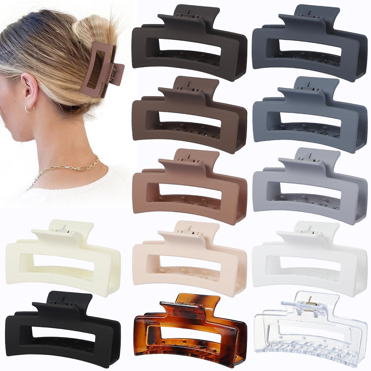Sisiaipu 3.5 Inch Hair Clips - 12 Pcs Square Jaw Clips for Thick and Thin Hair, Rectangular Hair Accessories for Women and Girls - Neutral