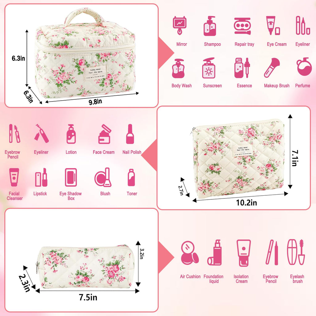 URSKYTOUS 3Pcs Cotton Quilted Makeup Bag for Women Girls Large Small Travel Pink Floral Cosmetic Bags Set Cute Coquette Makeup Pouch for Purse Aesthetic Cloth Flower Storage Toiletry Bag Organizer